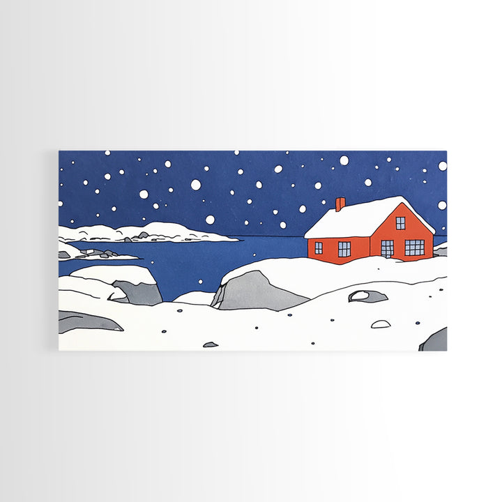 Red House On Snowy Coastal Hill Wall Art, Winter Lake Landscape Canvas Print, Scandinavian Decor, Rustic Housewarming Gift