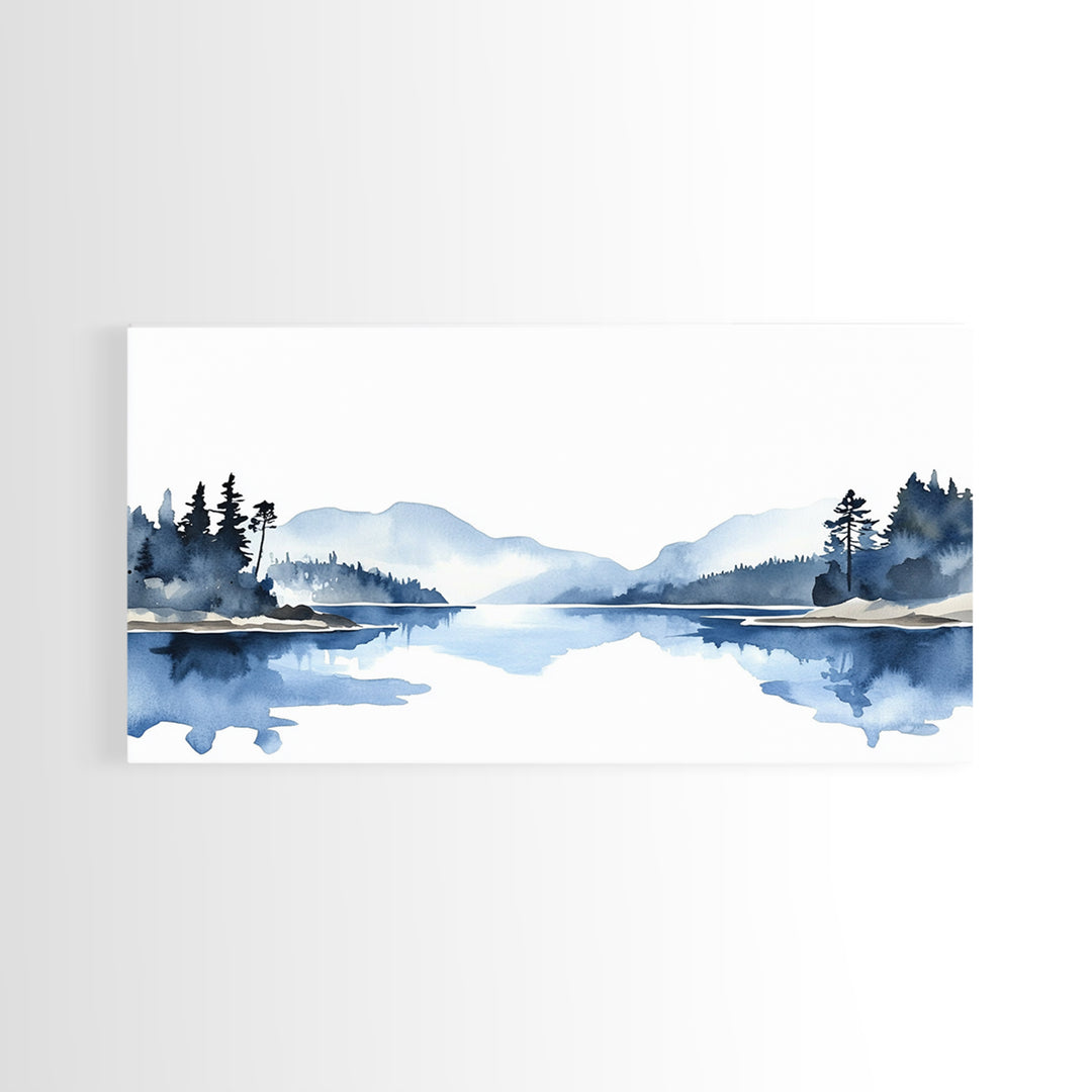 Minimal Blue Mountain Lake Wall Art, Watercolor Landscape Canvas Print, Scandinavian Nature Decor, Calm Living Room Wall Art
