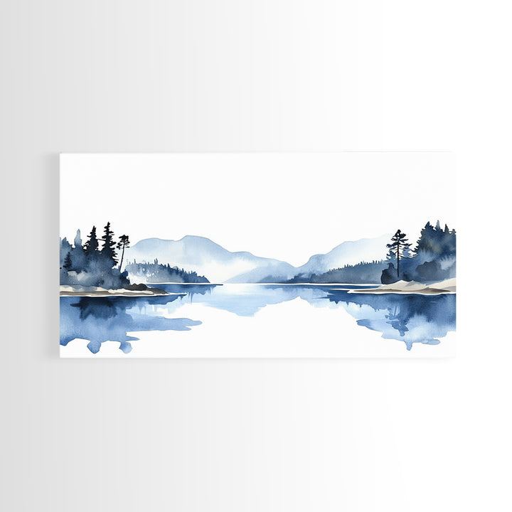 Minimal Blue Mountain Lake Wall Art, Watercolor Landscape Canvas Print, Scandinavian Nature Decor, Calm Living Room Wall Art