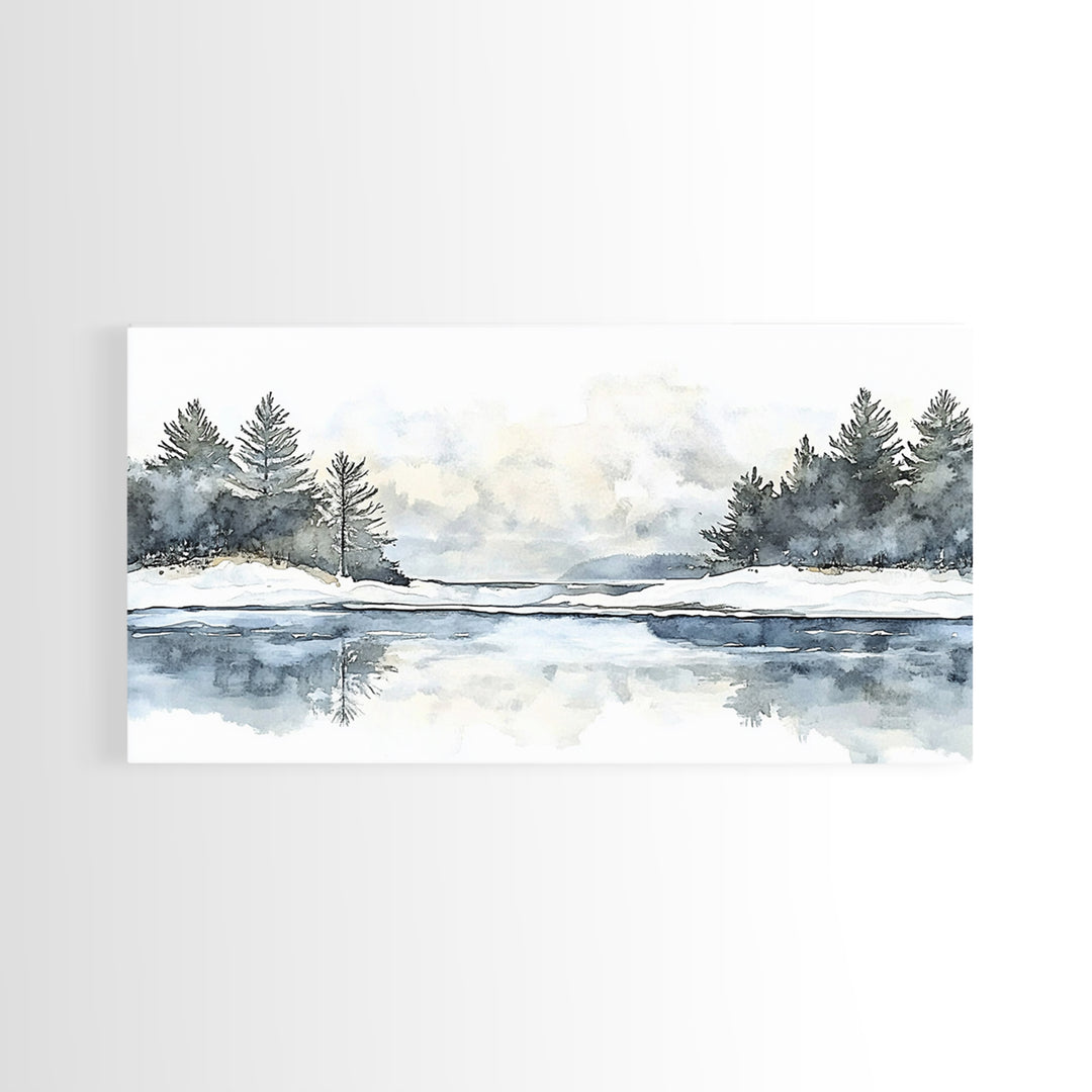 Winter Pine River Reflection Wall Art, Blue Watercolor Landscape Canvas Print, Serene Nature Living Room Decor, Lake House Gift