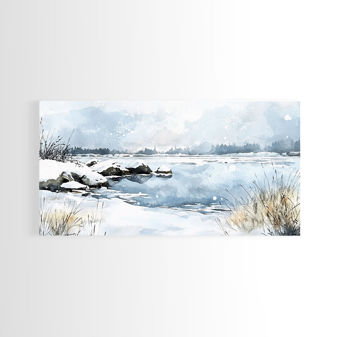 Snowy Marsh Lake With Rocks And Grass Wall Art, Winter Watercolor Landscape Canvas Print, Neutral Nature Decor, Cabin Gift