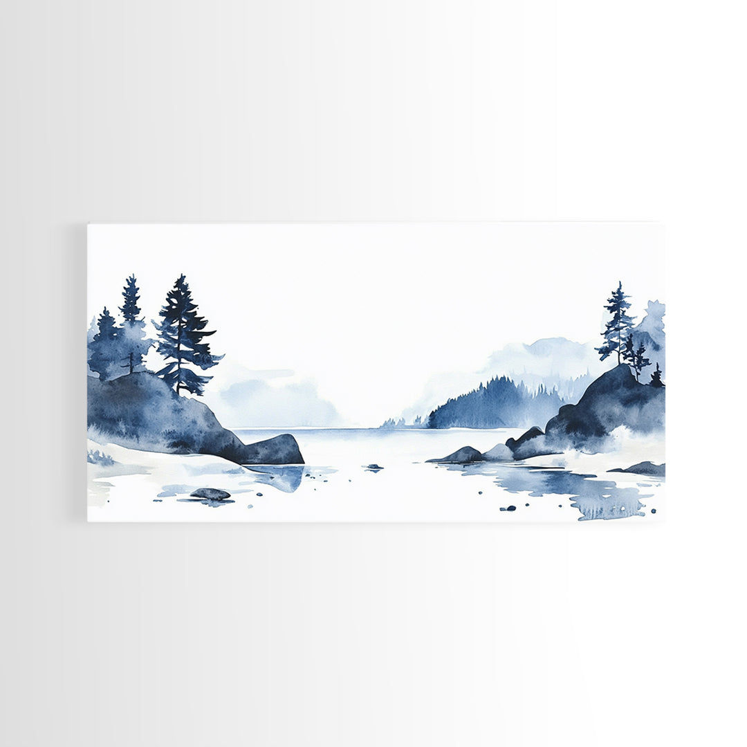 Blue Rocky Lake And Pine Island Canvas Print, Watercolor Coastal Landscape, Scandinavian Wall Decor, Calm Living Room Art