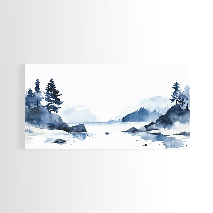 Blue Rocky Lake And Pine Island Canvas Print, Watercolor Coastal Landscape, Scandinavian Wall Decor, Calm Living Room Art