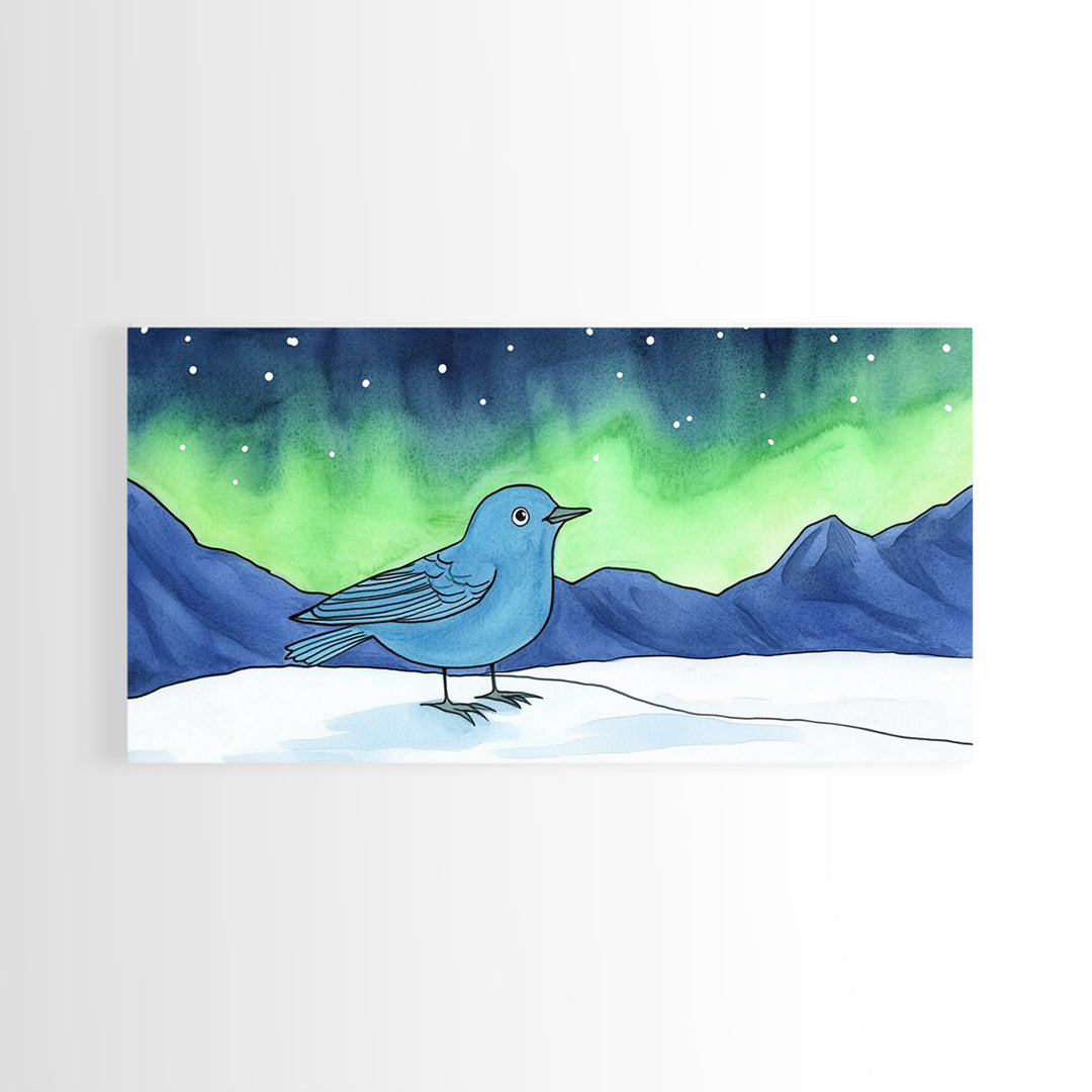 Blue Bird Under Northern Lights Canvas Print, Aurora Mountain Landscape Wall Decor For Nursery, Kids Room, Winter Home Decor