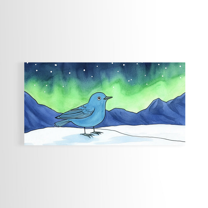 Blue Bird Under Northern Lights Canvas Print, Aurora Mountain Landscape Wall Decor For Nursery, Kids Room, Winter Home Decor