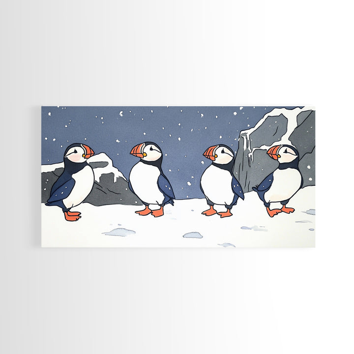 Four Puffins In Snowy Arctic Landscape Canvas Print, Whimsical Animal Wall Art For Kids Room, Nursery, Coastal Winter Decor