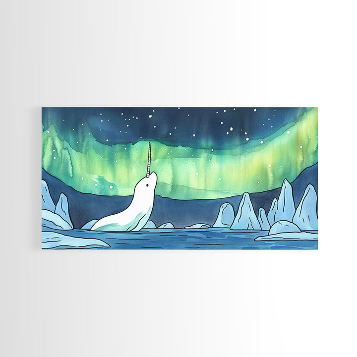 White Narwhal Under Northern Lights Canvas Print, Arctic Ocean Wall Art For Nursery, Kids Room, Coastal Decor, Fantasy Gift