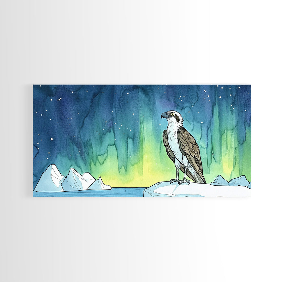 Osprey Perched Beneath Northern Lights Wall Art, Aurora Borealis Bird Print, Arctic Nature Decor, Wildlife Canvas Art Print
