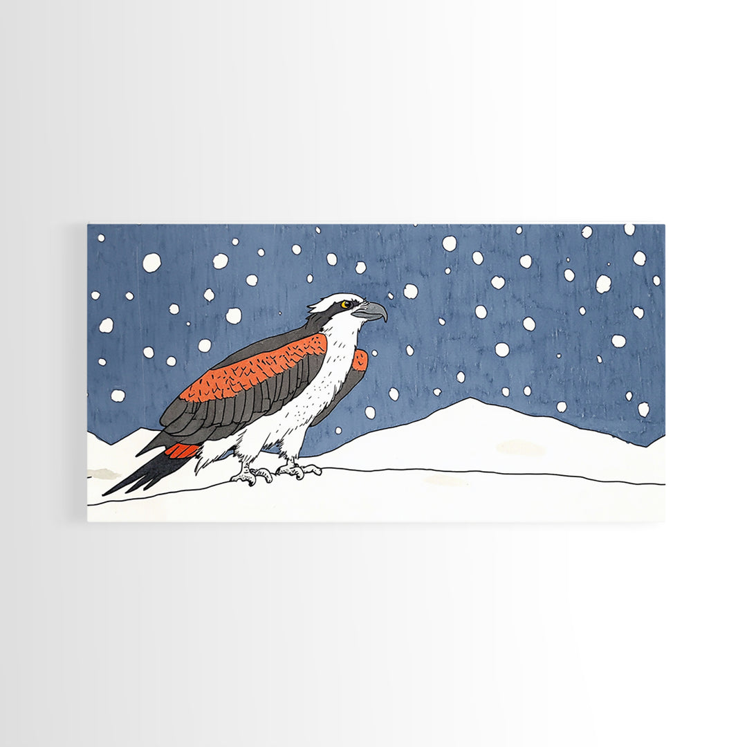 Snowy Osprey Hawk In Winter Landscape Wall Art, Bird Lover Gift, Rustic Wildlife Print, Cabin Decor Canvas Art, Nature Wall Decor