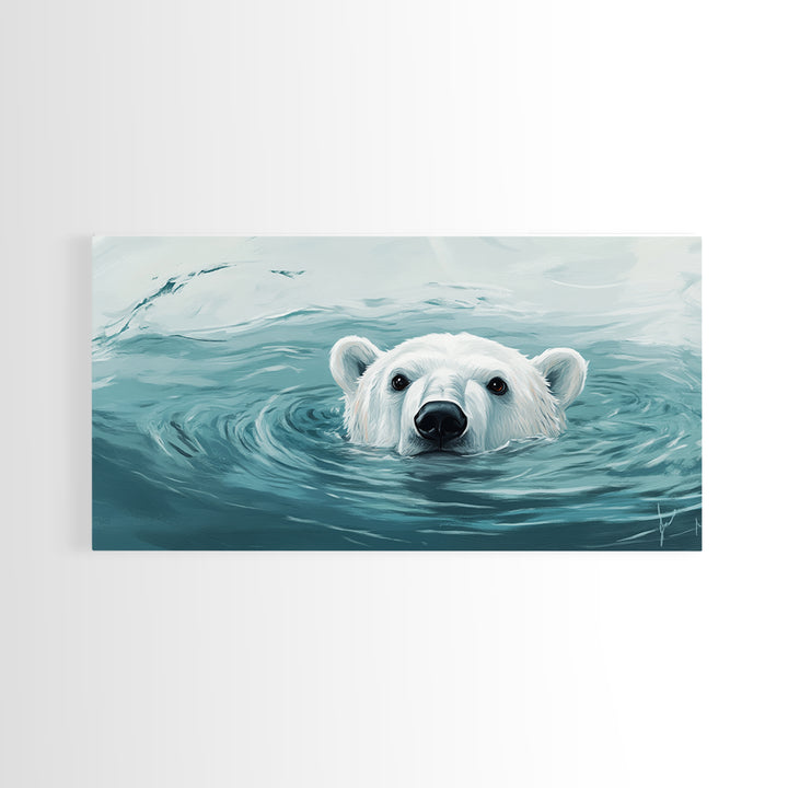 Swimming Polar Bear In Teal Water Wall Art, Arctic Wildlife Canvas Print, Ocean Animal Decor, Nursery Or Bathroom Art Print