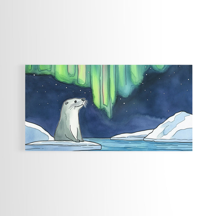 Arctic Seal Under Northern Lights Wall Art, Aurora Ocean Animal Print, Whimsical Nursery Decor, Coastal Canvas Print, Housewarming Gift