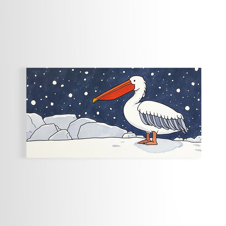 Snowy White Pelican On Ice Framed Canvas Print, Arctic Bird Wall Decor, Coastal Wall Art, Nursery Art, Gift For Her, Kids Room Decor