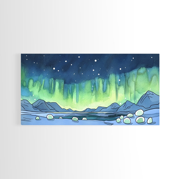 Northern Lights Over Arctic Mountains Wall Art, Aurora Landscape Print, Nature Wall Decor, Large Canvas Print, Office Decor
