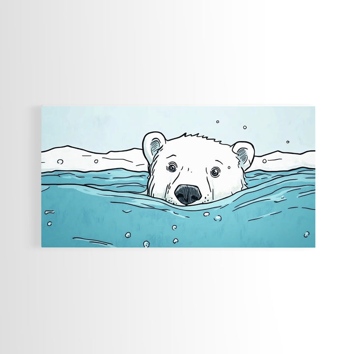 Polar Bear Swimming In Icy Water Wall Art, Arctic Animal Print, Nursery Wall Art, Kids Room Decor, Coastal Canvas Print Gift