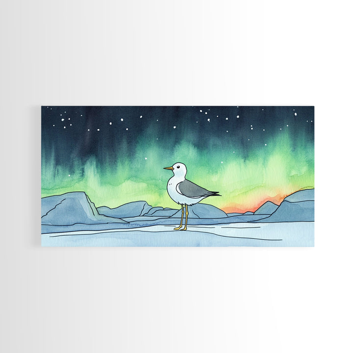 Arctic Seagull Under Aurora Sky Wall Art, Northern Lights Print, Coastal Bird Decor, Nature Wall Art, Framed Canvas Print