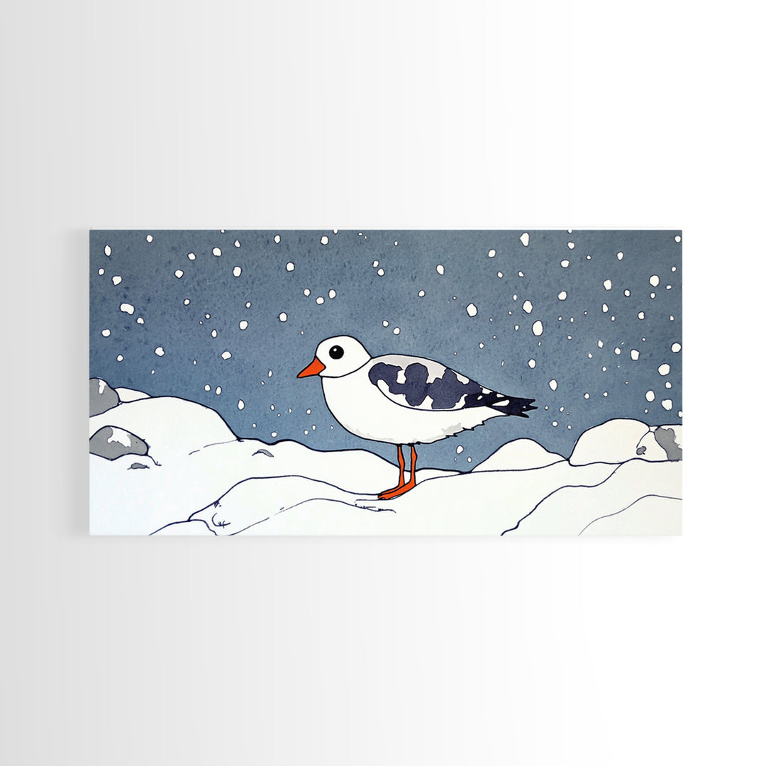 Snowy Arctic Shorebird In Winter Canvas Print, Bird Wall Art, Nursery Decor, Animal Wall Art, Minimalist Coastal Decor Gift