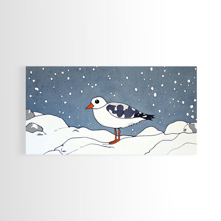 Snowy Arctic Shorebird In Winter Canvas Print, Bird Wall Art, Nursery Decor, Animal Wall Art, Minimalist Coastal Decor Gift