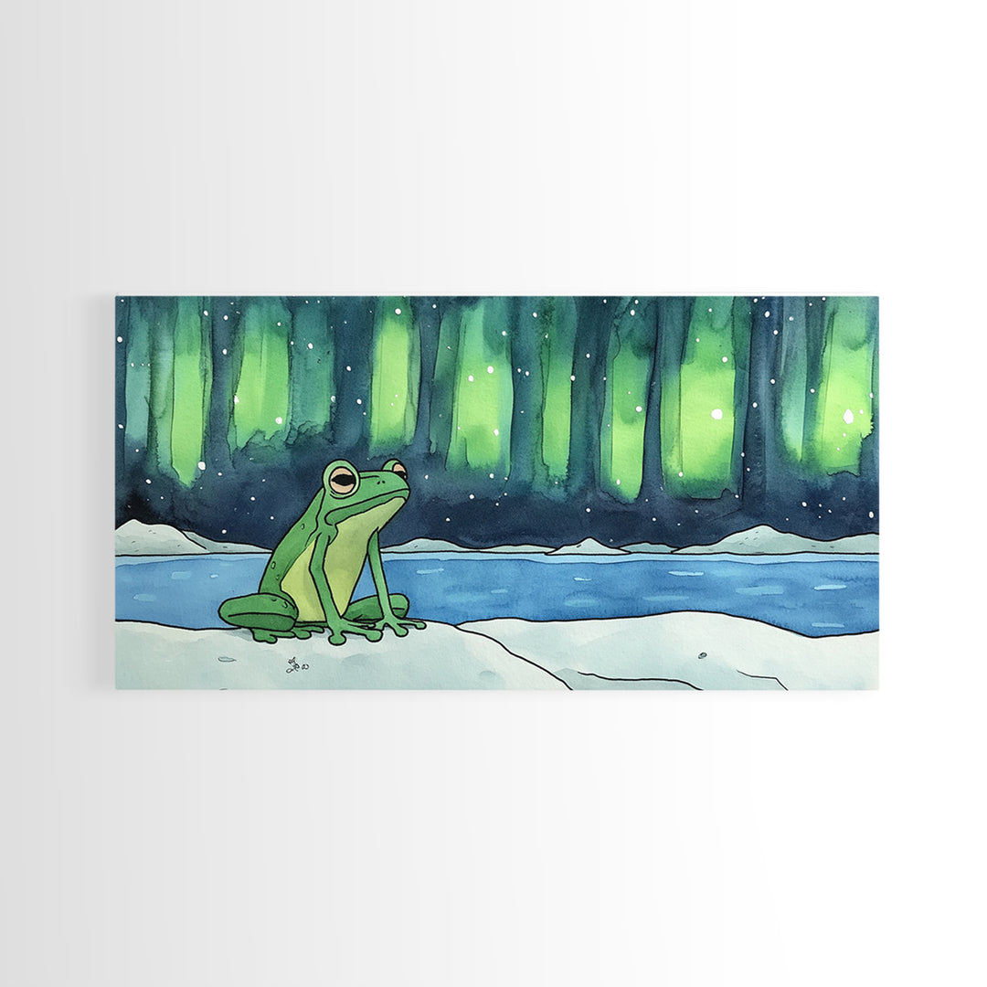 Green Frog Under Northern Lights Wall Art, Whimsical Animal Art Print, Aurora Borealis Nursery Decor, Kids Room Housewarming Gift