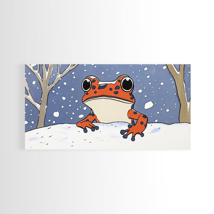 Orange Spotted Frog In Snowy Forest Wall Art, Whimsical Animal Print, Winter Nursery Decor, Cute Kids Room Canvas Art Housewarming Gift
