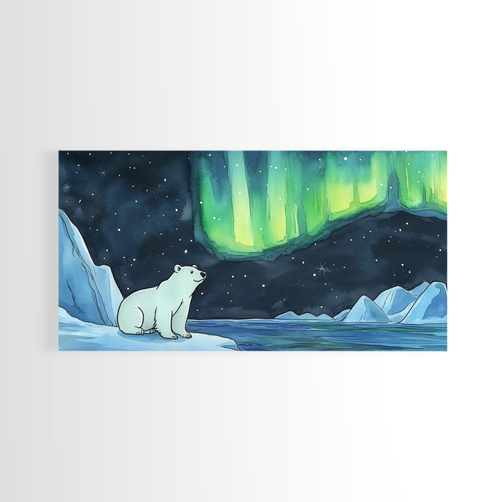 Polar Bear Beneath Northern Lights Wall Art, Arctic Landscape Canvas Print, Wildlife Nursery Decor, Cozy Winter Housewarming Gift