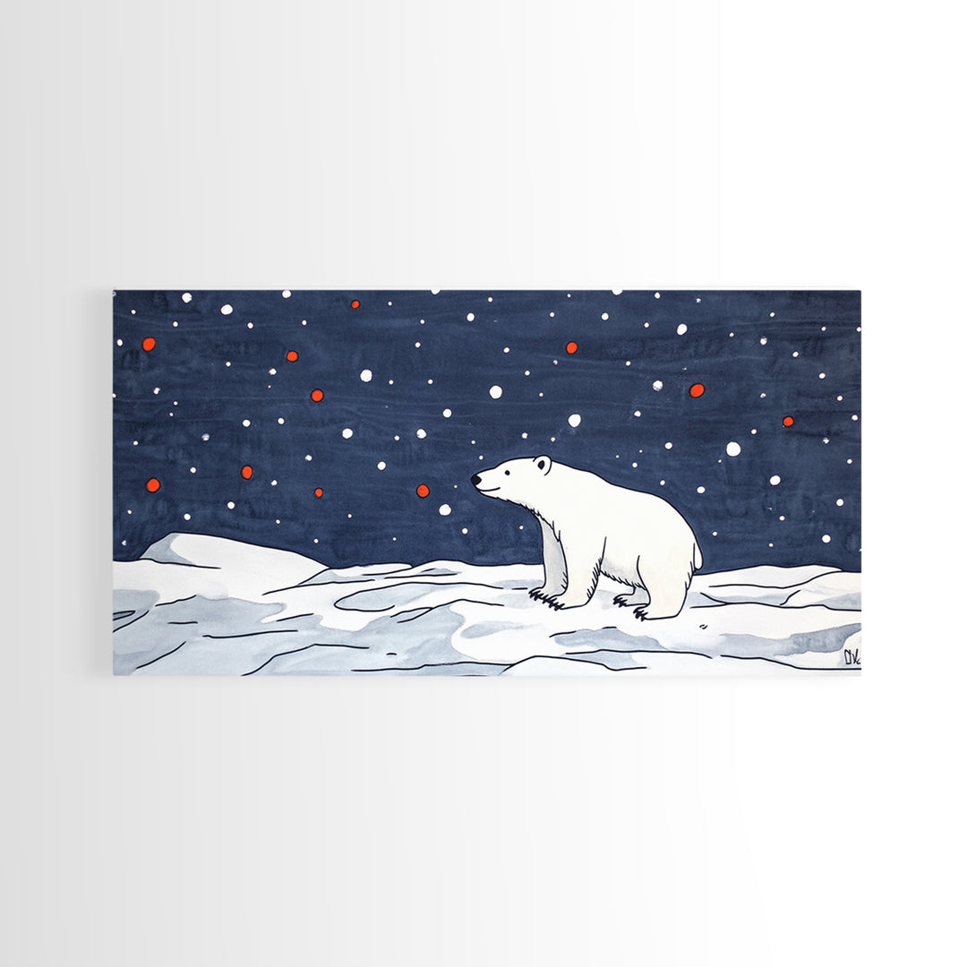 Minimal Polar Bear Snow Scene Wall Art, Arctic Wildlife Illustration, Kids Room Decor, Modern Nursery Canvas Print Gift Idea