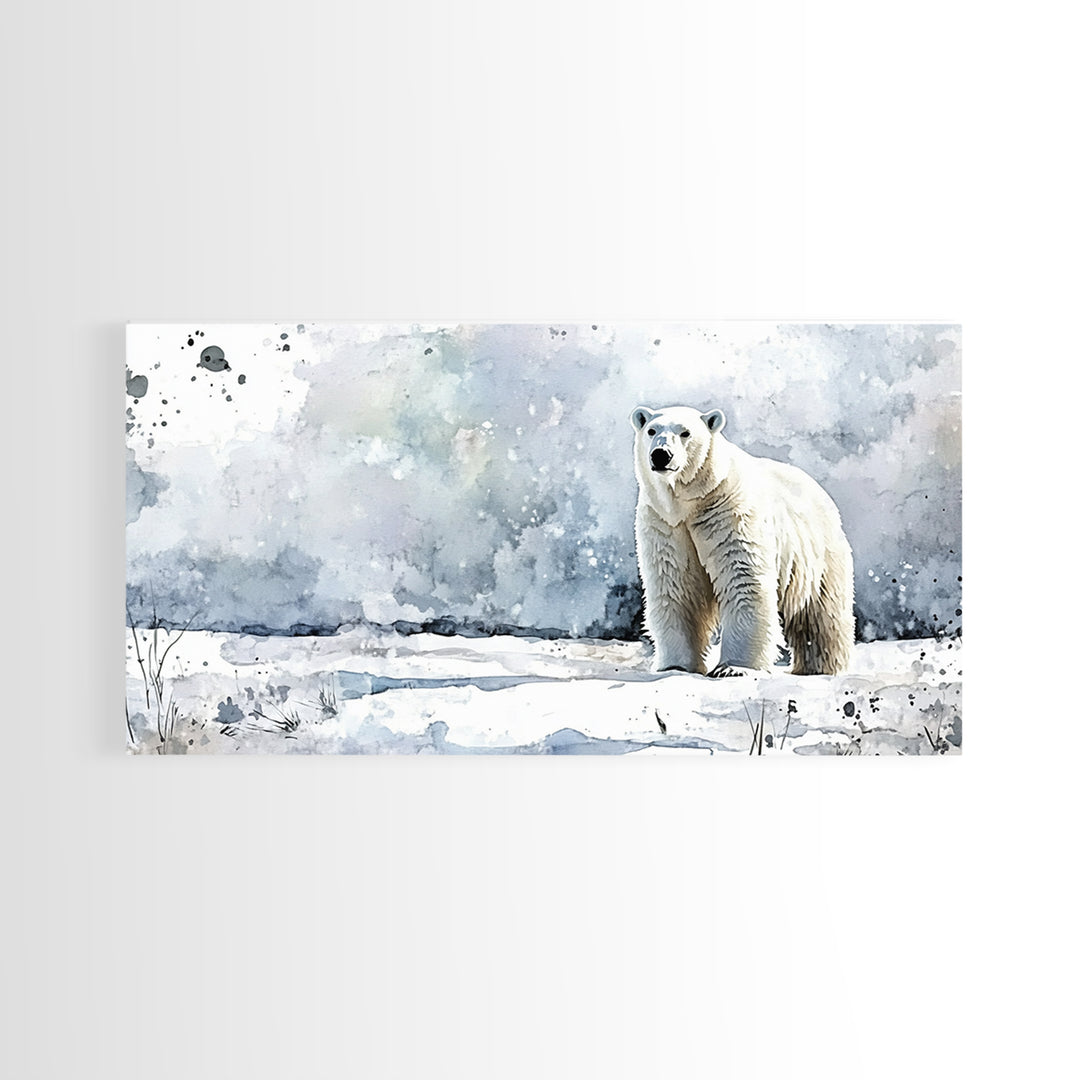 Standing Polar Bear In Snowy Tundra Wall Art, Watercolor Wildlife Print, Arctic Animal Decor, Large Canvas Housewarming Gift