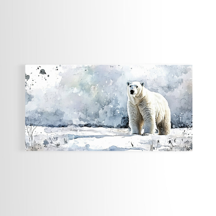 Standing Polar Bear In Snowy Tundra Wall Art, Watercolor Wildlife Print, Arctic Animal Decor, Large Canvas Housewarming Gift