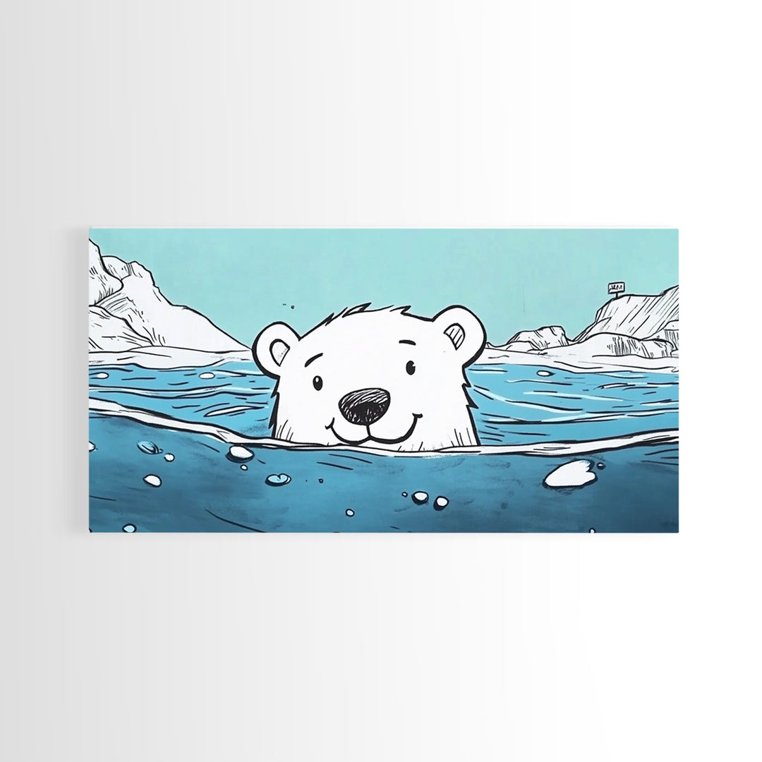 Smiling Polar Bear Swimming In Icy Sea Wall Art, Playful Arctic Animal Print, Ocean Nursery Decor, Kids Room Canvas Gift