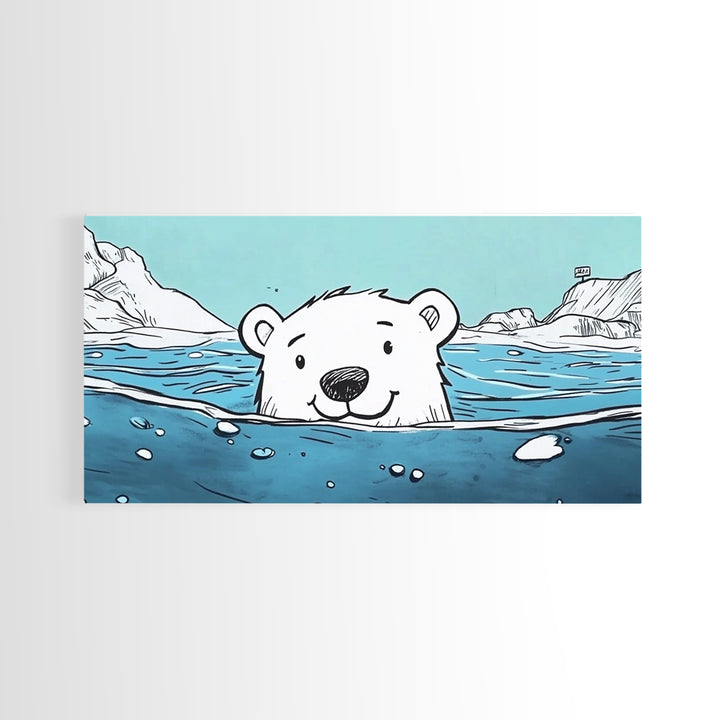 Smiling Polar Bear Swimming In Icy Sea Wall Art, Playful Arctic Animal Print, Ocean Nursery Decor, Kids Room Canvas Gift