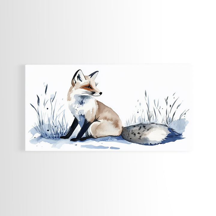 Sitting Fox In Frosted Grass Wall Art, Minimal Watercolor Wildlife Canvas Print, Neutral Nursery Decor, Animal Lover Gift