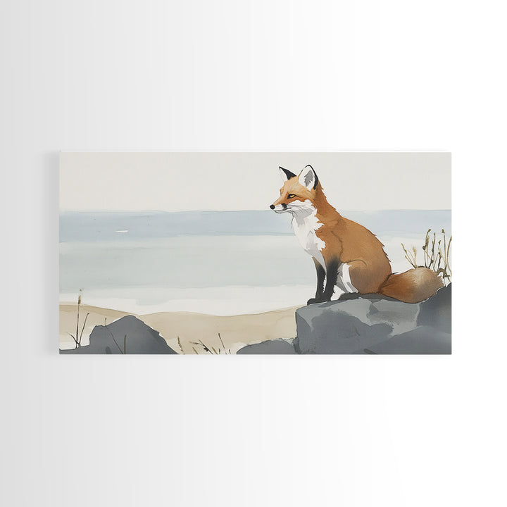 Coastal Fox On Ocean Rocks Wall Art, Minimal Watercolor Wildlife Canvas Print, Beach House Decor, Neutral Living Room Art