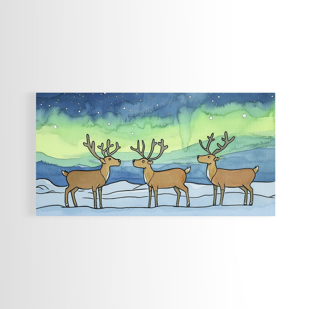 Three Reindeer Under Northern Lights Wall Art, Aurora Winter Landscape Print, Rustic Wildlife Decor, Cabin Christmas Gift
