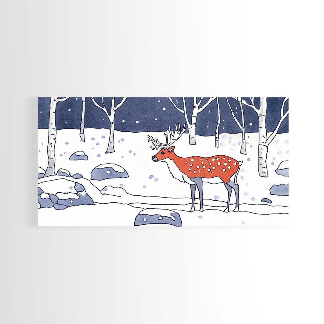 Red Deer In Snowy Birch Forest Canvas Print, Winter Wildlife Wall Art, Woodland Nursery Decor, Rustic Cabin Home Decor Gift