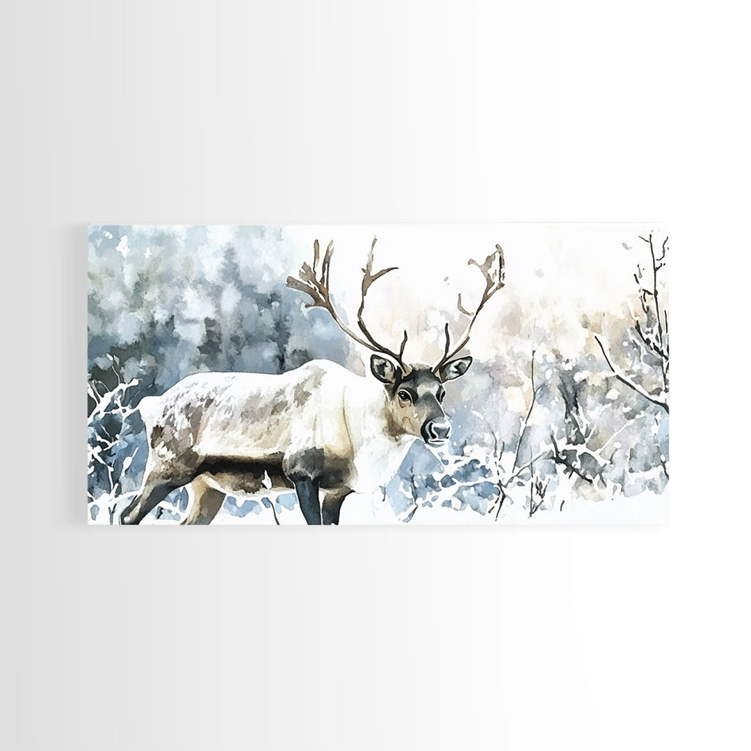 Majestic Caribou In Frosted Woods Framed Canvas Print, Winter Wildlife Wall Art, Rustic Cabin Decor, Nature Lover Art Gift