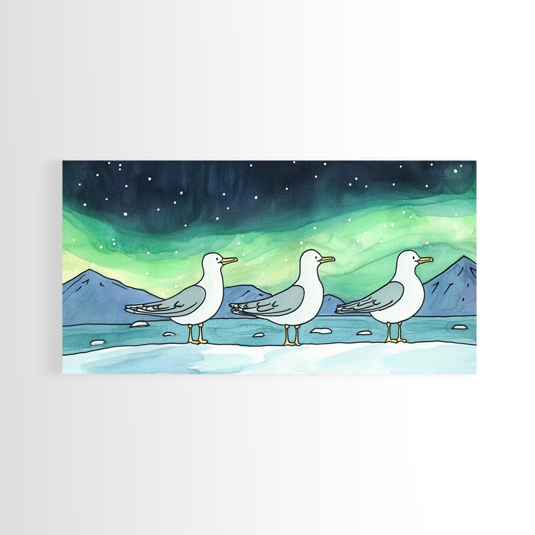 Three Seagulls Under Aurora Sky Wall Art, Winter Coastal Bird Canvas Print, Nautical Ocean Decor, Beach House Christmas Gift