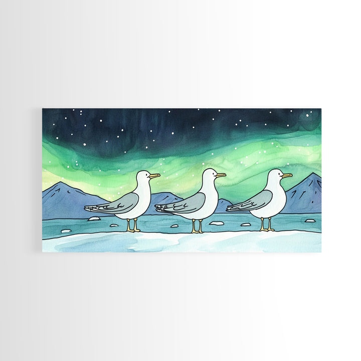 Three Seagulls Under Aurora Sky Wall Art, Winter Coastal Bird Canvas Print, Nautical Ocean Decor, Beach House Christmas Gift