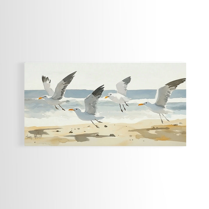 Flying Seagulls Over Sandy Watercolor Beach Wall Art, Coastal Ocean Canvas Print, Nautical Seascape Decor, Beach House Gift