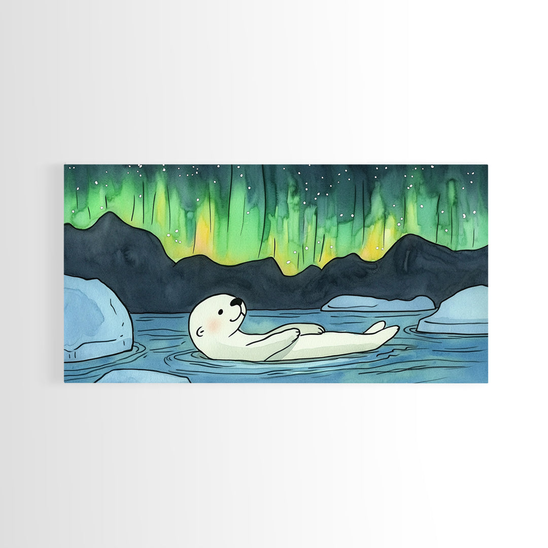 Polar Bear Floating Beneath Aurora Canvas Print, Arctic Wildlife Wall Art, Northern Lights Decor, Kids Room Animal Gift Print