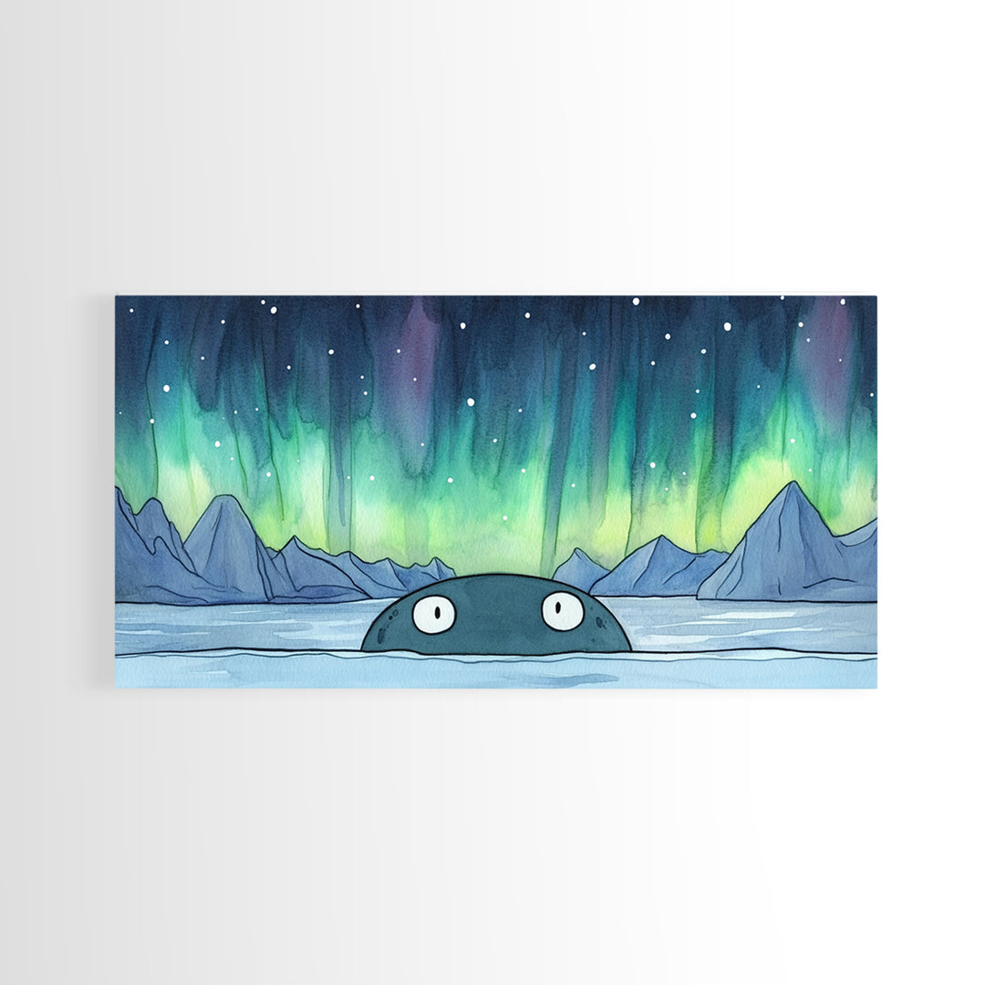 Whimsical Whale Peeking At Aurora Canvas Print, Northern Lights Wall Art, Arctic Ocean Decor, Kids Room Animal Gift For Nursery
