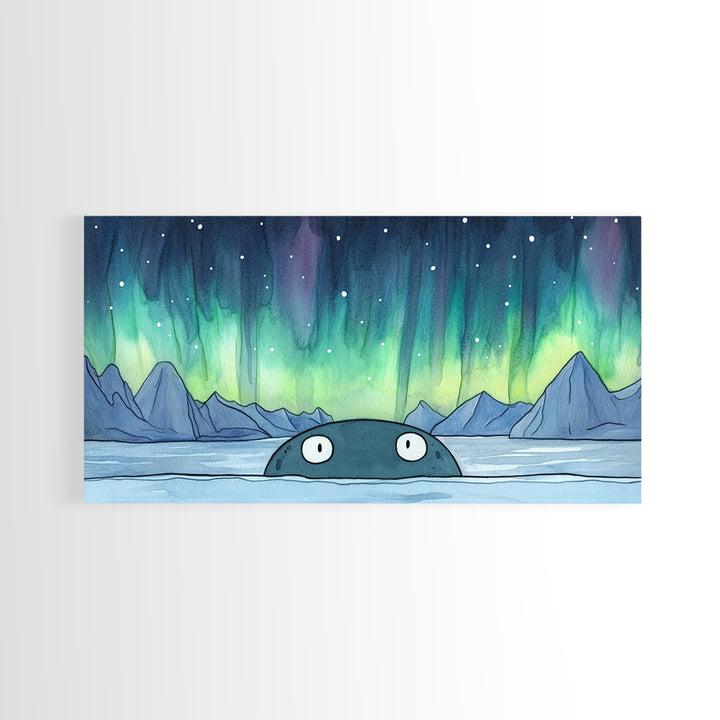 Whimsical Whale Peeking At Aurora Canvas Print, Northern Lights Wall Art, Arctic Ocean Decor, Kids Room Animal Gift For Nursery