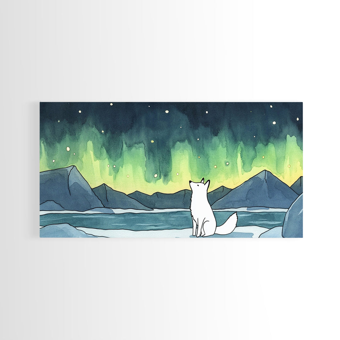 White Arctic Fox Watching Aurora Canvas Print, Northern Lights Wall Art, Winter Landscape Decor, Nature Lover Gift For Her