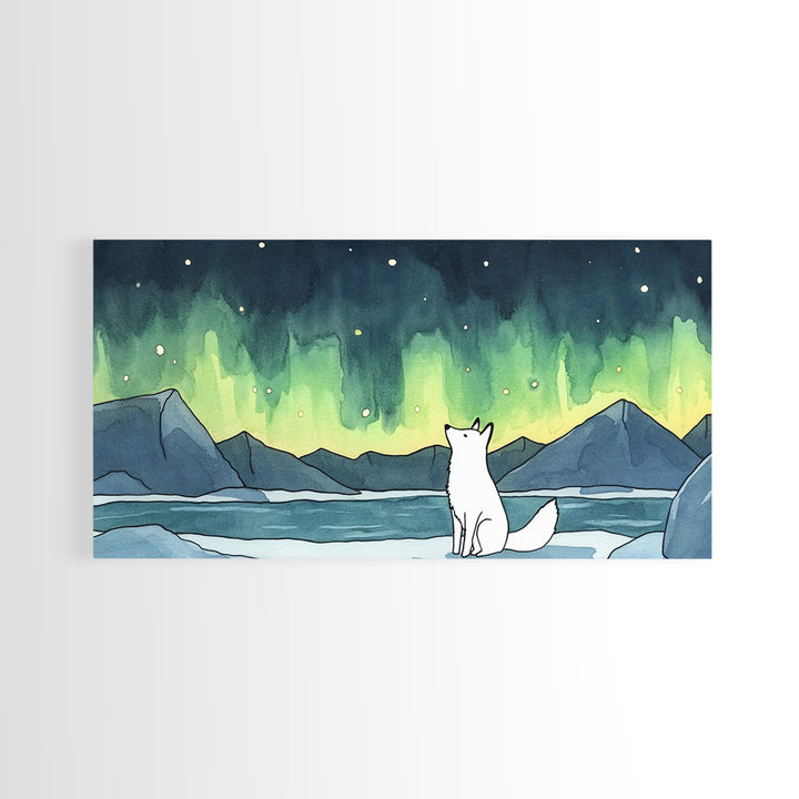 White Arctic Fox Watching Aurora Canvas Print, Northern Lights Wall Art, Winter Landscape Decor, Nature Lover Gift For Her