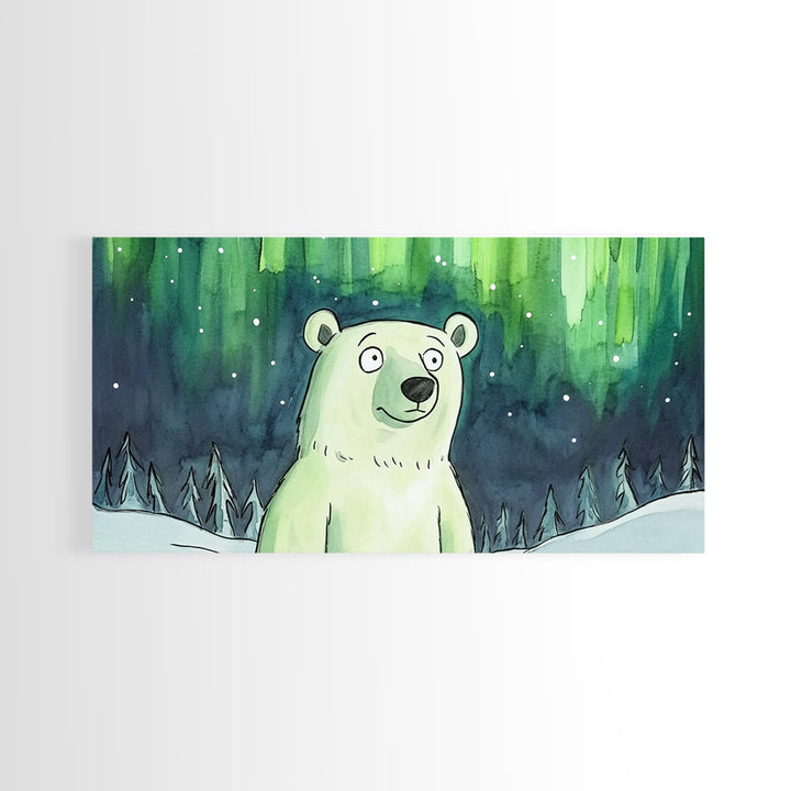 Polar Bear Under Northern Lights Canvas Print, Whimsical Winter Wall Art, Kids Room Decor, Nursery Animal Art Gift For Baby Bedroom