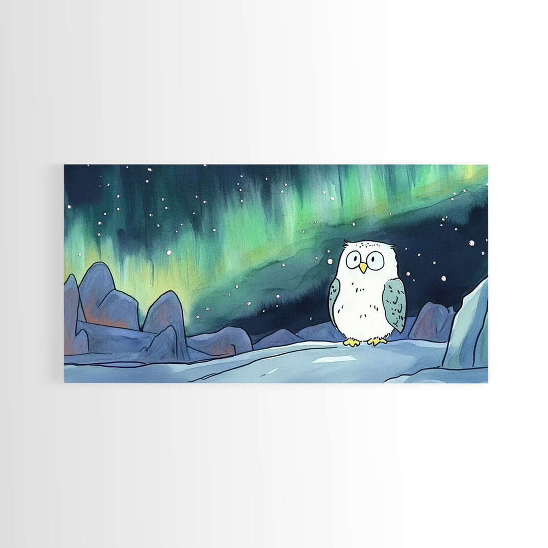 Snowy Owl Beneath Aurora Mountains Canvas Print, Northern Lights Wall Art, Whimsical Animal Art, Kids Room Decor Gift For Her