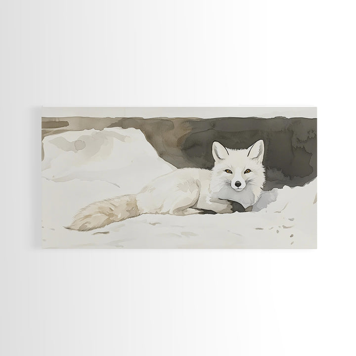 White Arctic Fox In Snow Canvas Print, Neutral Winter Wildlife Wall Art, Nursery Animal Art, Scandinavian Bedroom Decor Gift