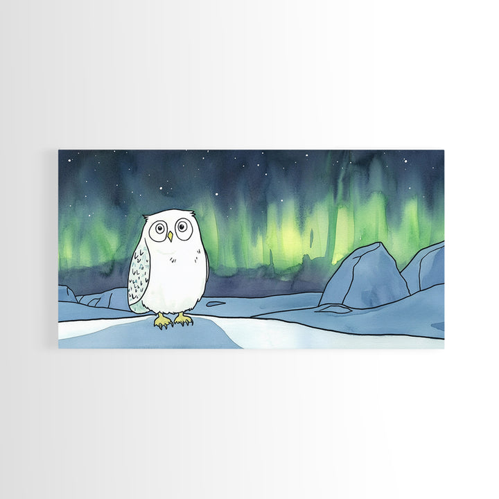 Wide Eyed Snowy Owl Aurora Canvas Print, Northern Lights Wall Art, Whimsical Animal Art, Kids Room Decor Gift For Baby Bedroom