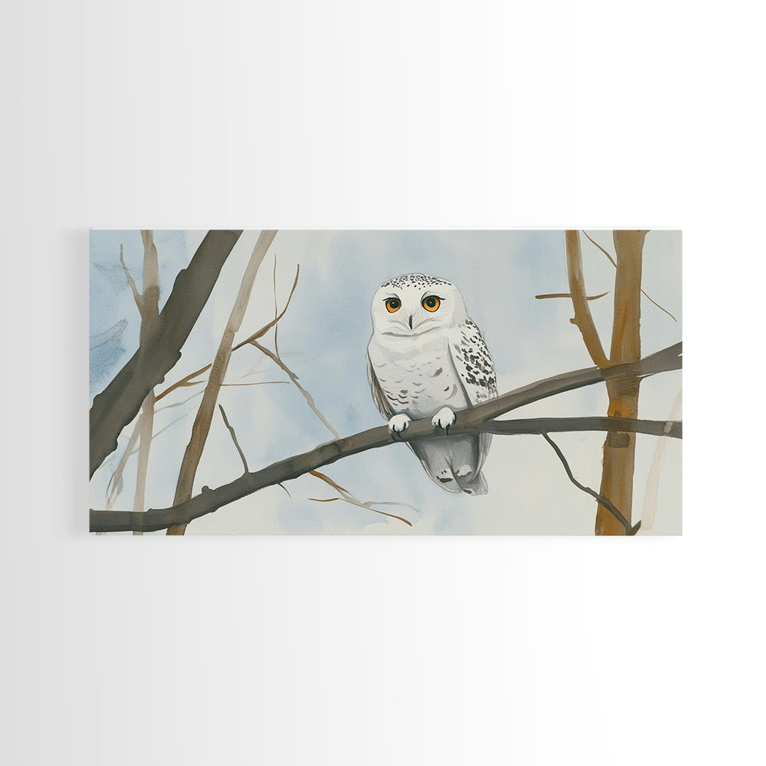 Snowy Owl On Winter Branch Canvas Print, Woodland Wildlife Wall Art, Neutral Nursery Animal Art, Scandinavian Office Decor