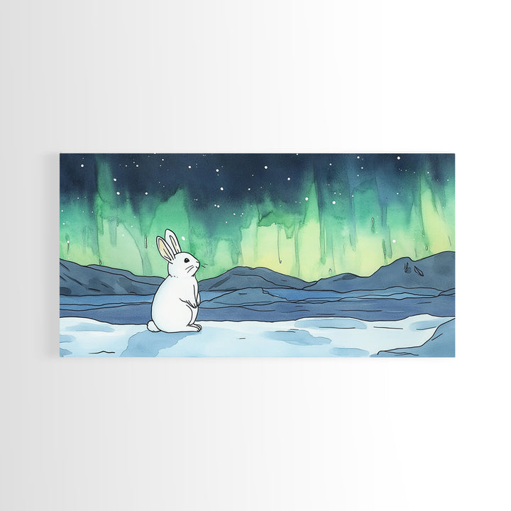 White Rabbit Watching Aurora Canvas Print, Northern Lights Wall Art, Whimsical Animal Art, Nursery Decor Gift For Kids Room