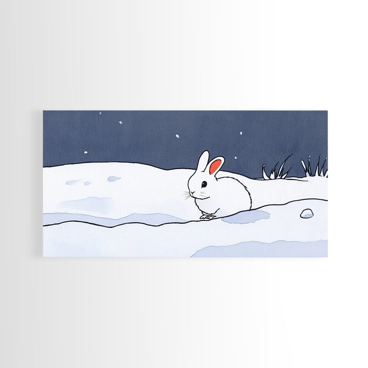 Little White Rabbit In Snow Canvas Print, Minimal Winter Wall Art, Nursery Animal Art, Scandinavian Kids Room Decor Gift