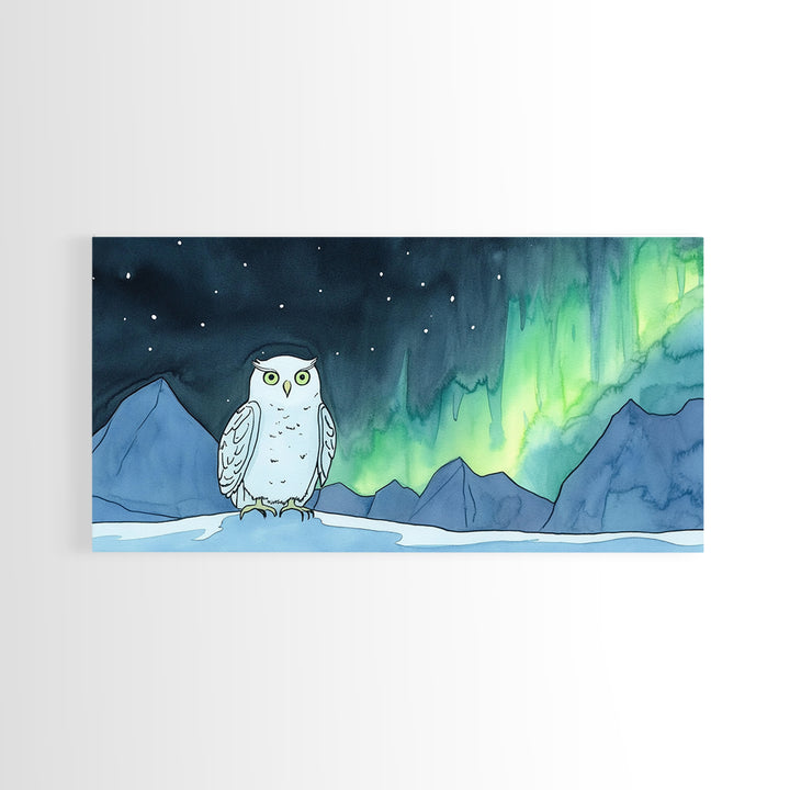 Snowy Owl Northern Lights Canvas Print, Aurora Mountain Wall Art, Whimsical Wildlife Art, Nursery Kids Room Decor Gift For Her